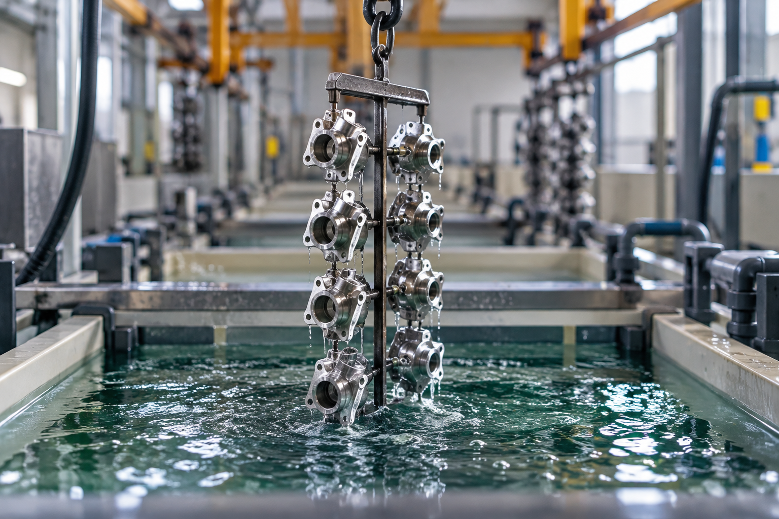 Componenti metallici sospesi sopra una vasca per trattamenti galvanici